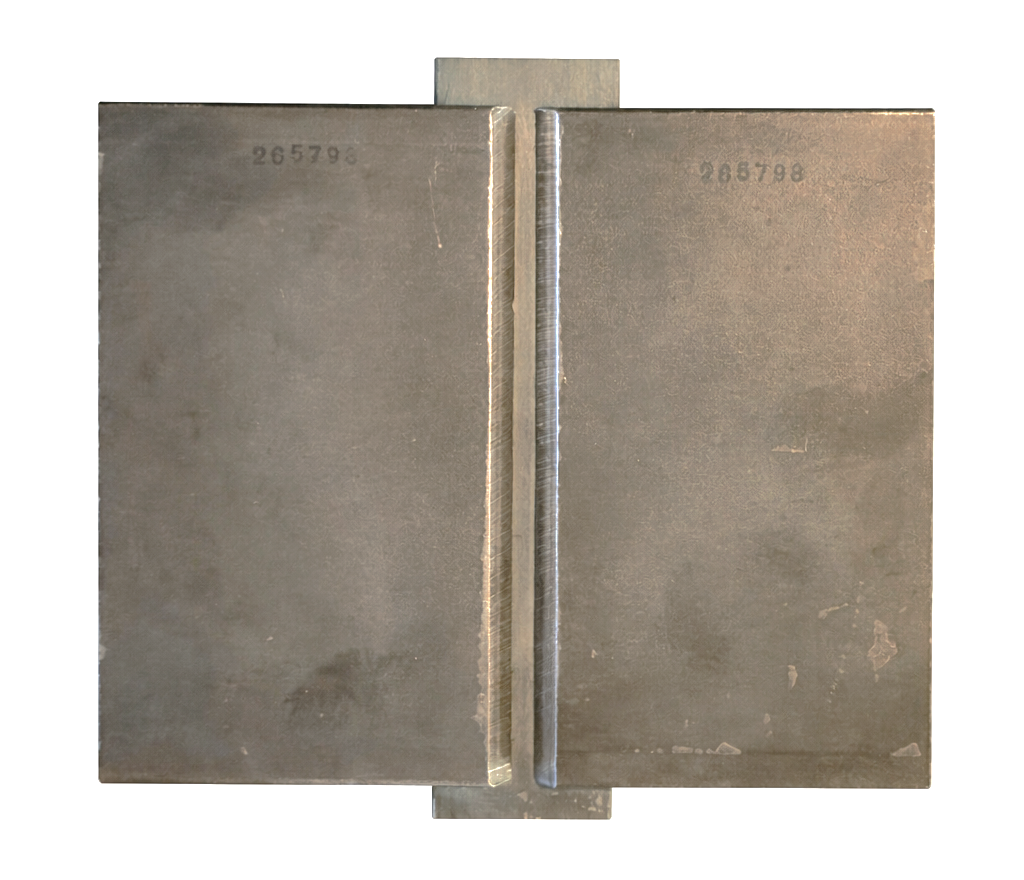 3/8" Welder Certification Test Plate for AWS D-1.1 Limited-Thickness Qualification with 1/4" x 2" x 8" Backing Strip. Fully-Assembled with 1/4" Landing Gap and 45 Degree Bevel