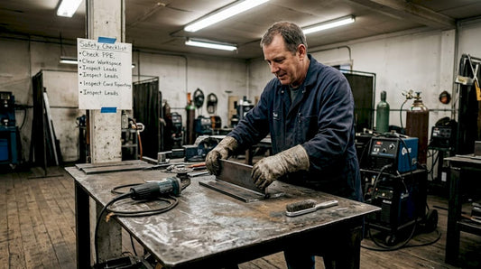 Welder prepping steel joint at workshop table