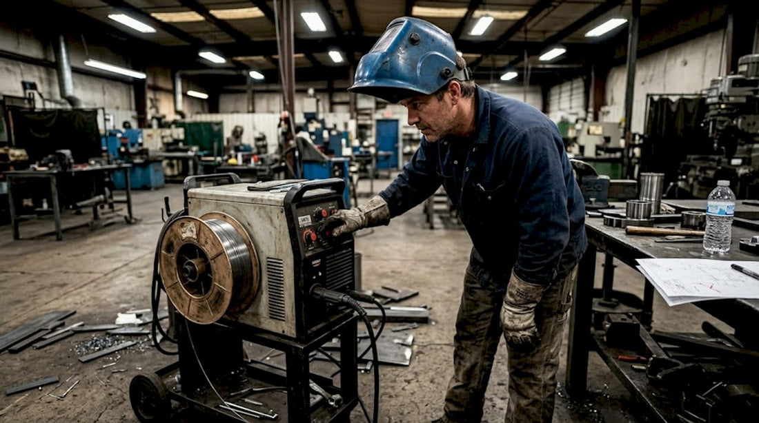 Welder adjusting MIG equipment in workshop