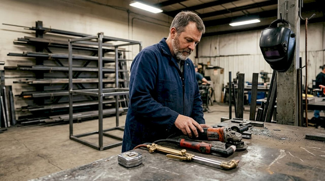 Fabricator reviewing cutting tools on shop workbench