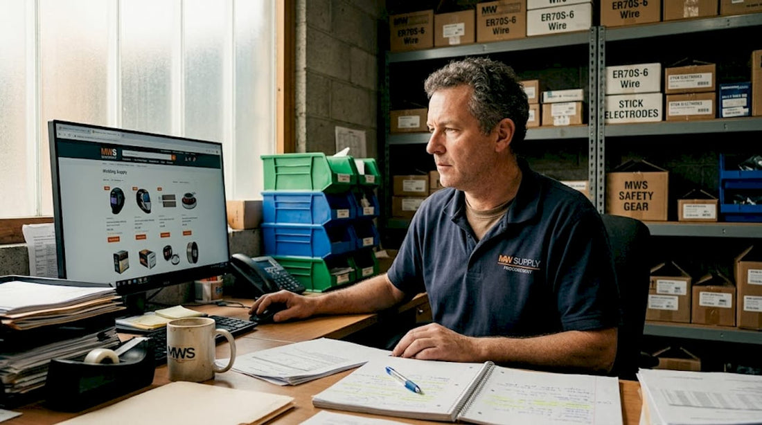 Manager browsing welding supply websites in office
