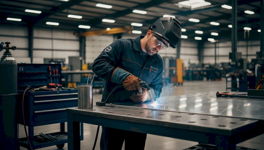 Welder operating TIG torch in workshop