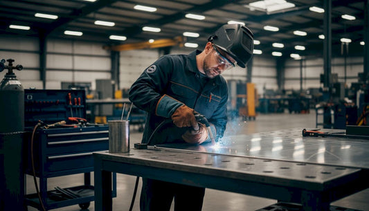 Welder operating TIG torch in workshop