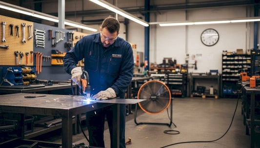 Technician guiding plasma cutter on steel sheet