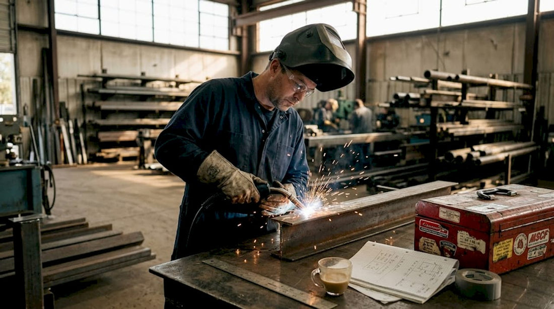 Fabricator MIG welding steel beam in shop