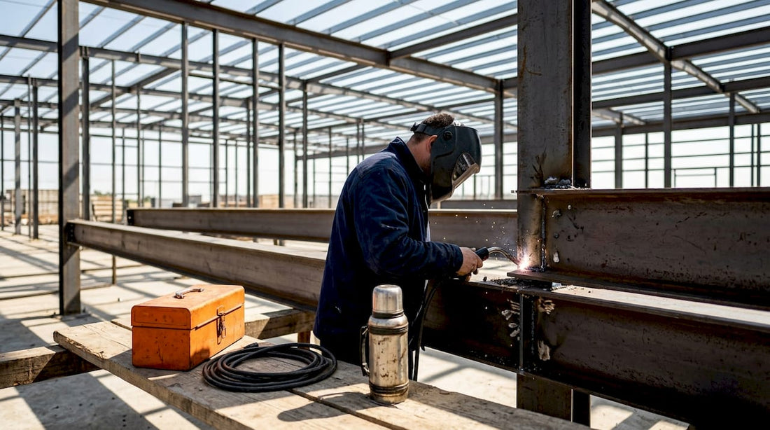 Welder joining steel beams on construction site