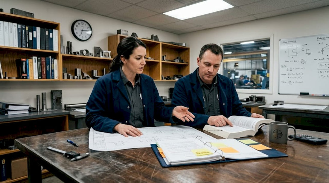 Welding engineer and technician reviewing documentation