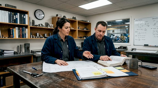 Welding engineer and technician reviewing documentation