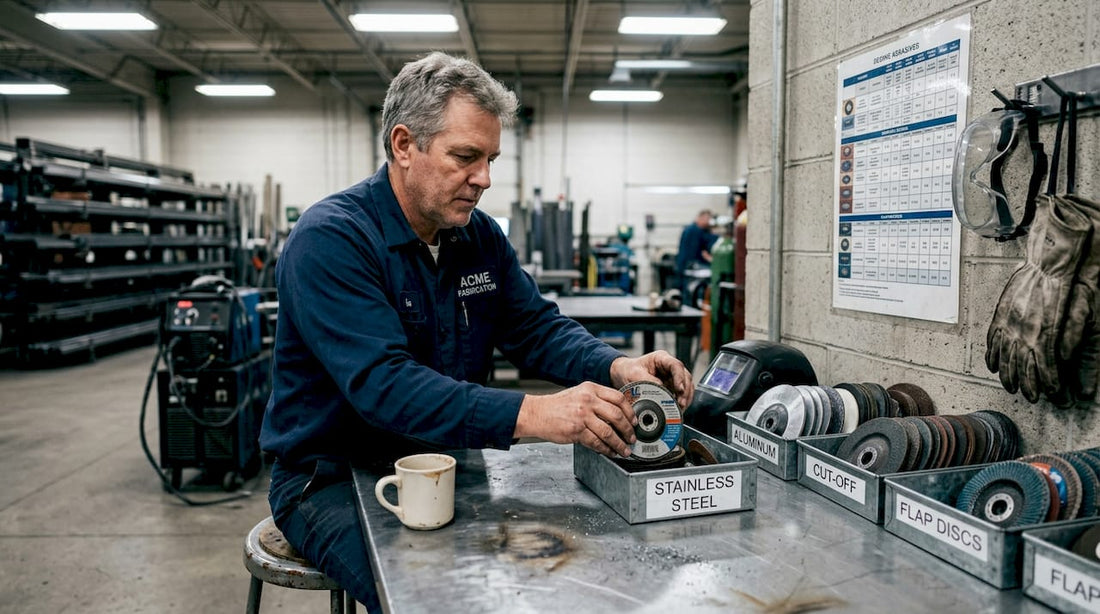 Welder sorting grinding wheels at workbench