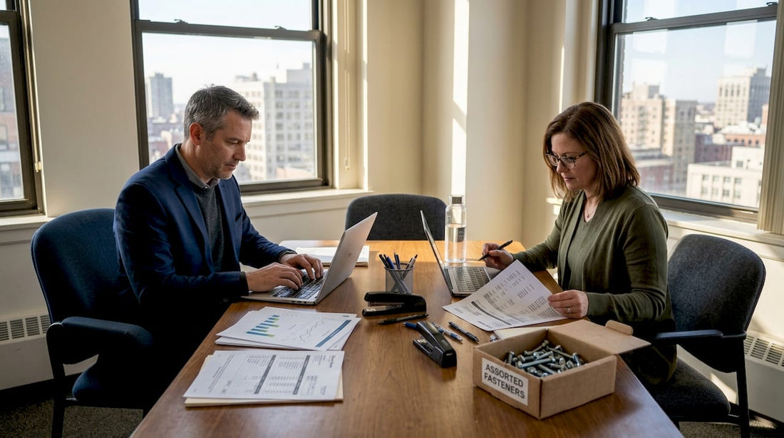 Professionals comparing industrial suppliers at desk