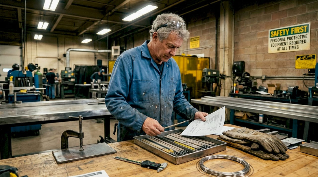 Technician sorting welding electrodes at workbench