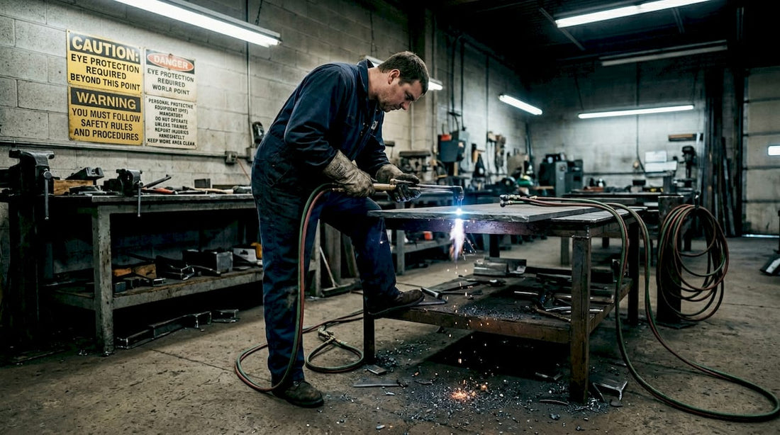 Metalworker cutting steel plate in fabrication shop