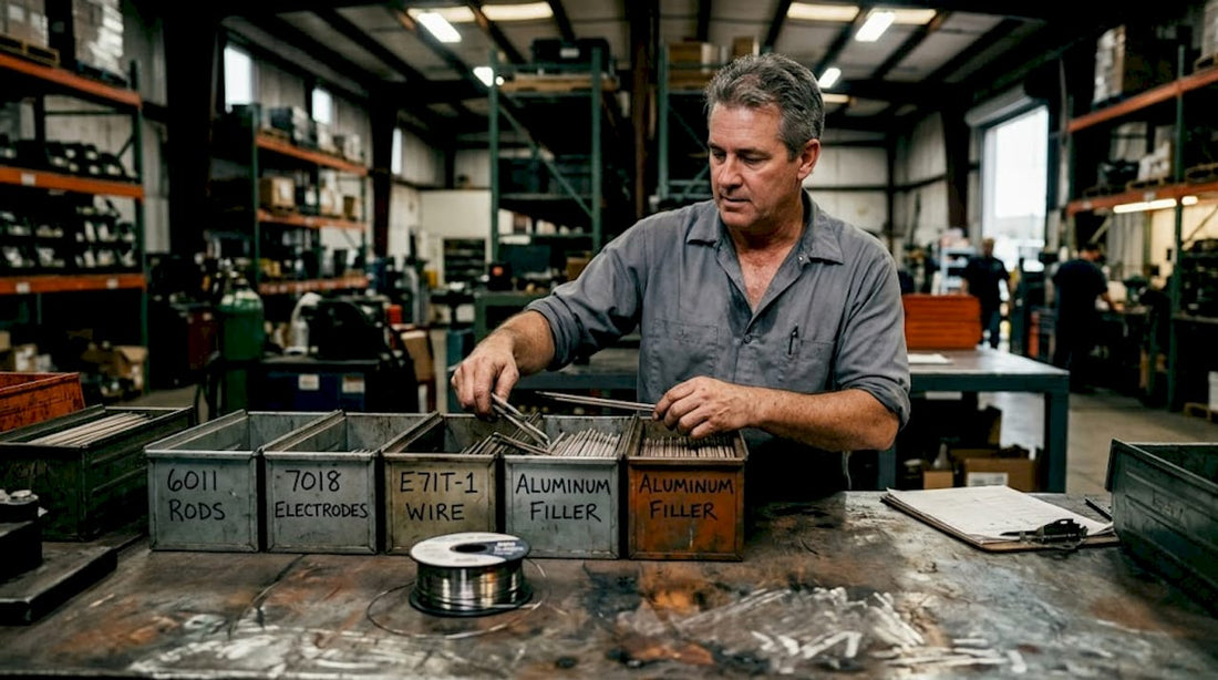 Distributor sorts welding supplies at warehouse counter