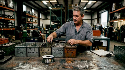 Distributor sorts welding supplies at warehouse counter