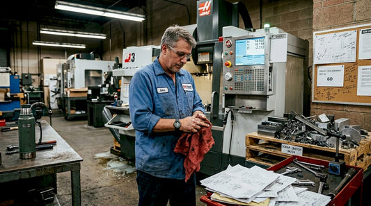 Machinist inspecting CNC metal cutting equipment