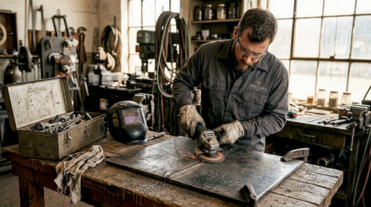 Welder blending steel seam with flap disc