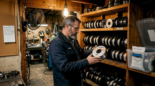 Welder organizing MIG wire spools on shop shelf