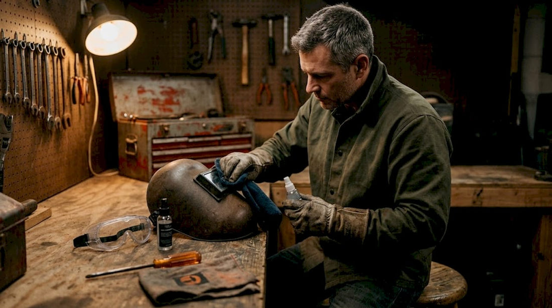 Welder cleaning helmet at industrial workbench