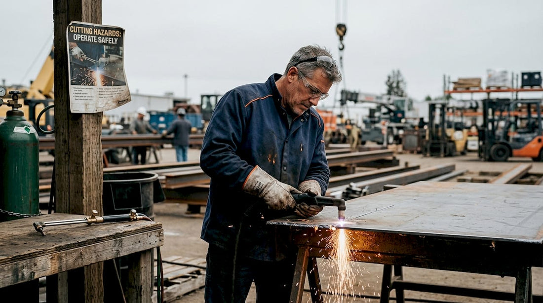 Metalworker using plasma cutter in workshop
