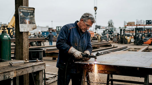 Metalworker using plasma cutter in workshop
