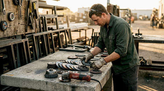 Welder sorting various abrasive discs in workshop