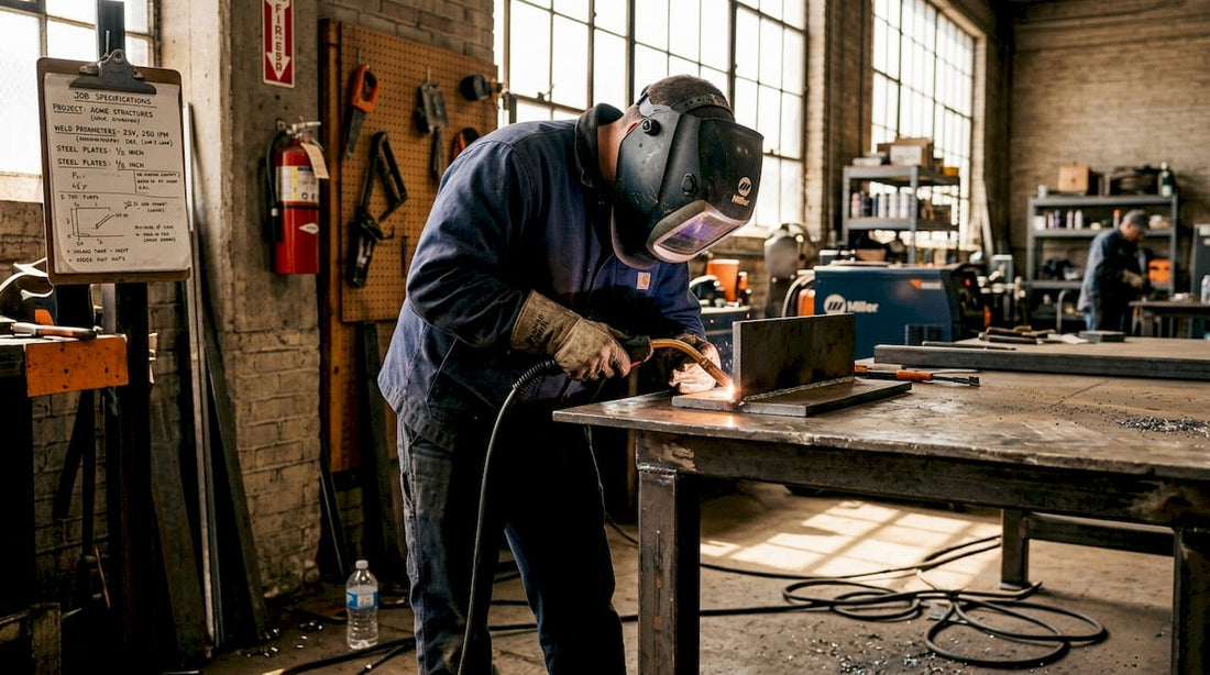 Contractor welding steel in industrial workshop