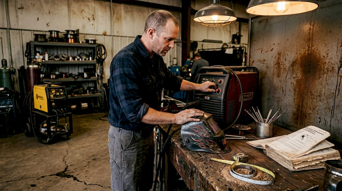 Welding technician choosing equipment in workshop