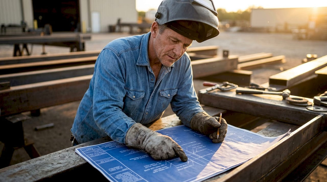 Pro welder reviewing blueprint in warehouse