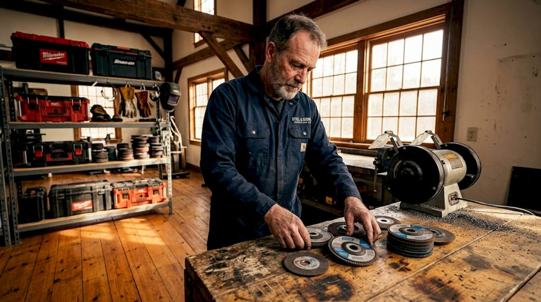 Metalworker arranges abrasive tools on workbench