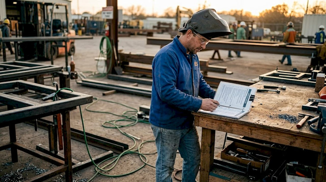 Welder reviewing safety checklist in workshop