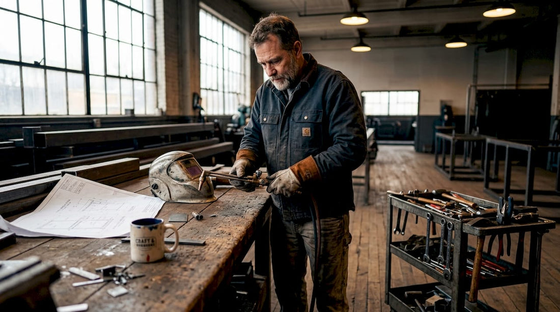 Welder prepares tools in fabrication shop