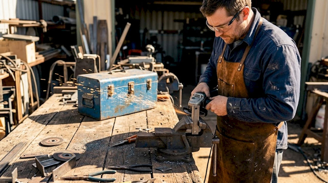 Metalworker grinding steel in workshop setting