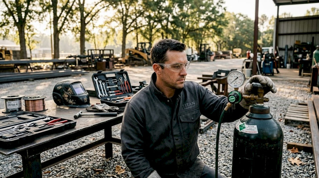 Technician checking welding gas cylinder pressure