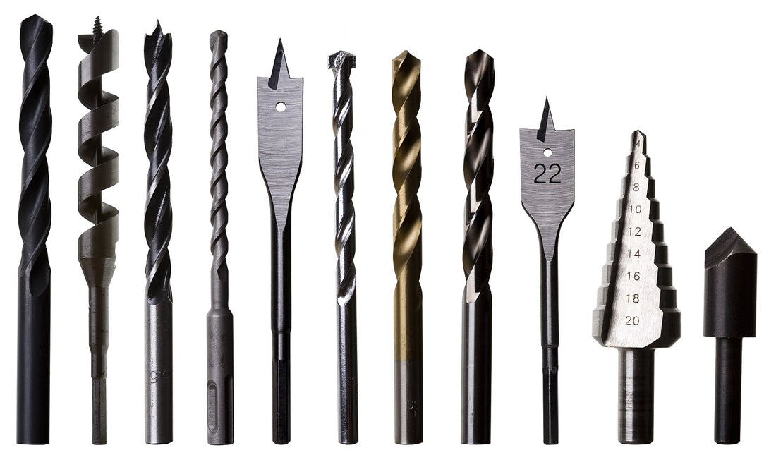 Line up of common wood working metal drill bits