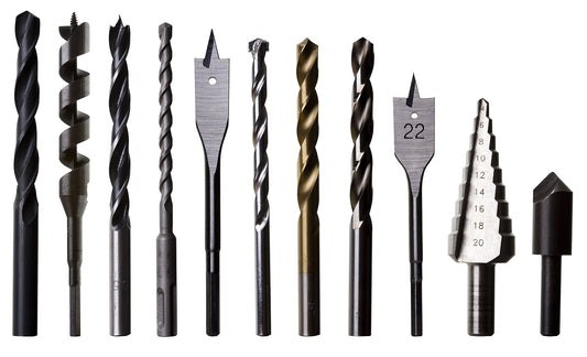Line up of common wood working metal drill bits