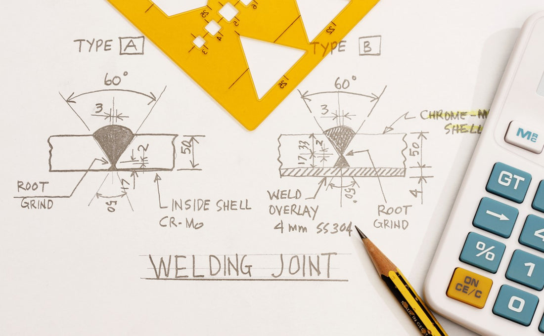 Welding joint blueprint with pencil and calculator