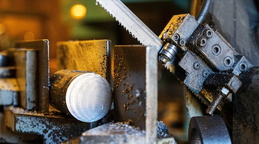 bandsaw blade cutting through metal in machine shop