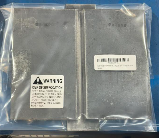 3/8" Welder Certification Test Plate for AWS D-1.1 Limited-Thickness Qualification with 1/4" x 2" x 8" Backing Strip. Fully-Assembled with 1/4" Landing Gap and 45 Degree Bevel