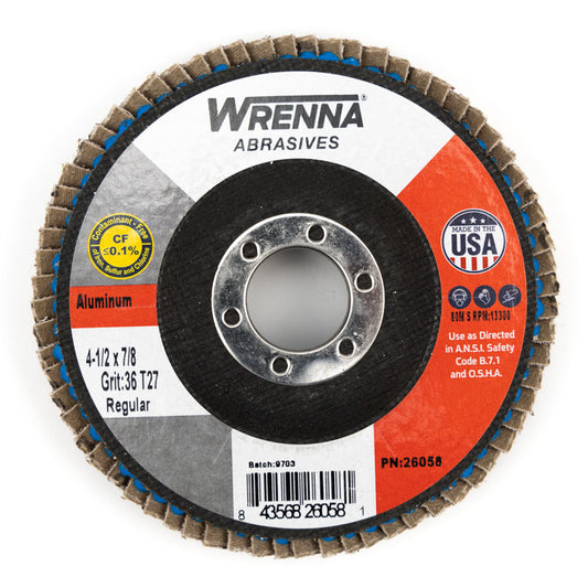 Wrenna Abrasives® 4-1/2" X 7/8" High Density Flap Disc Type 27 Aluminum